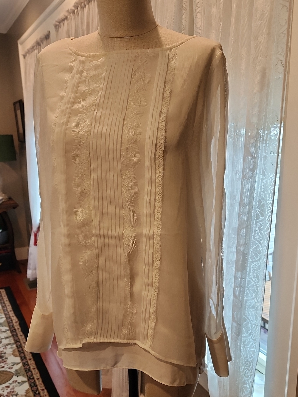 White House Black Market Cream Pintuck & Lace Blouse